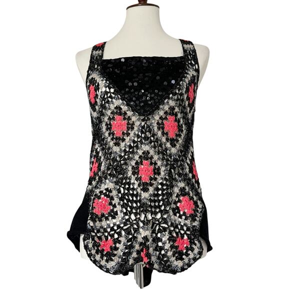 Free People Women's Black Granny Square Crochet Racerback Tank Top Size Small - Picture 4 of 12